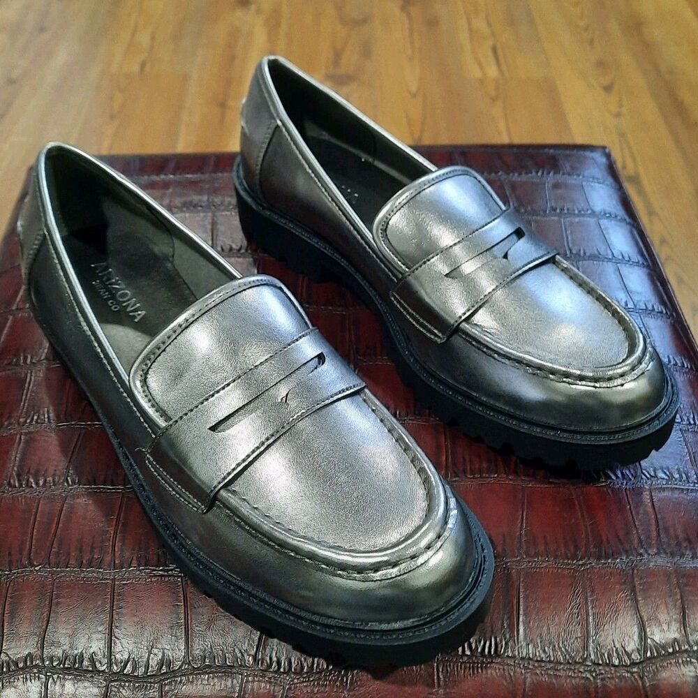 Arizona Lillie Metallic Silver Pewter Penny Loafer Chunky Lug Sole Goth Preppy 9